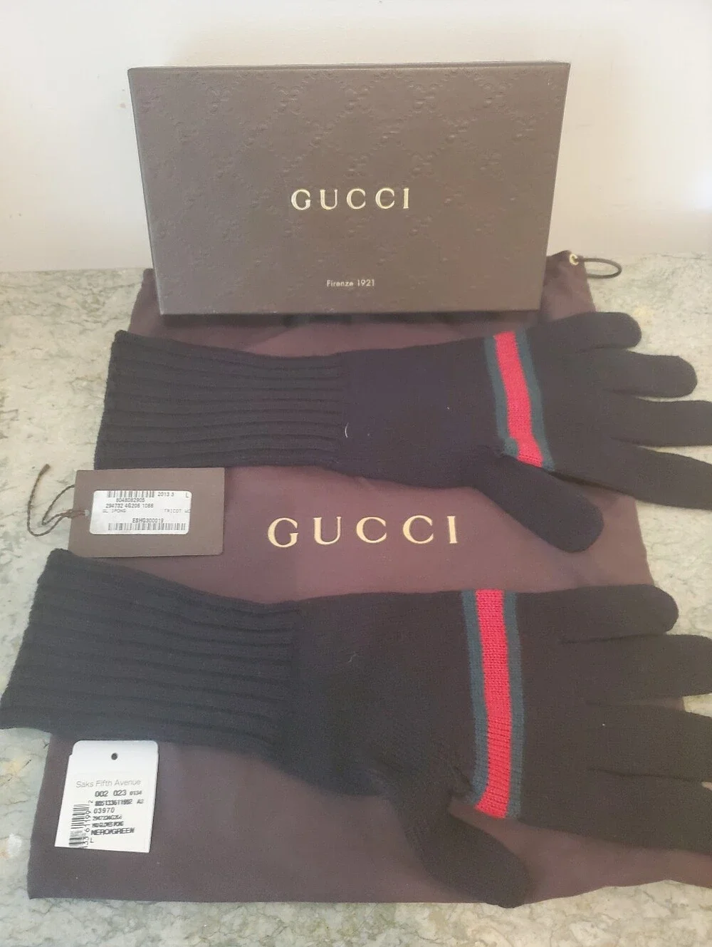Gucci Black Knit Gloves with Red & Green Stripe